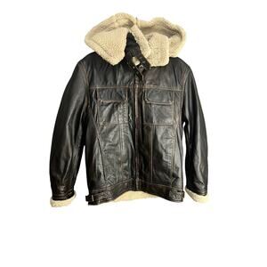 WILSONS Faux Fur Leather JACKET Mens Size S Brown Aviator Winter Cozy Work